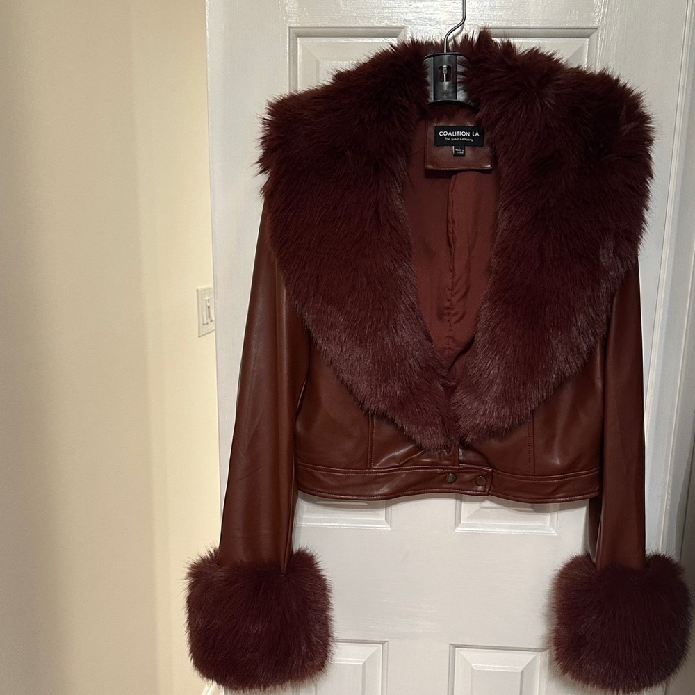 Women's Burgundy Faux Fur Trim Leather Jacket